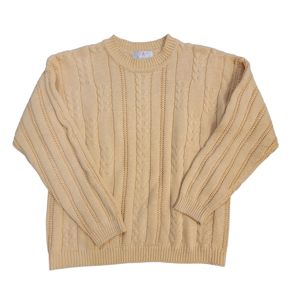 American Weekend Women's Cable Knit Fisherman Style Sweater Butter Yellow Sz L